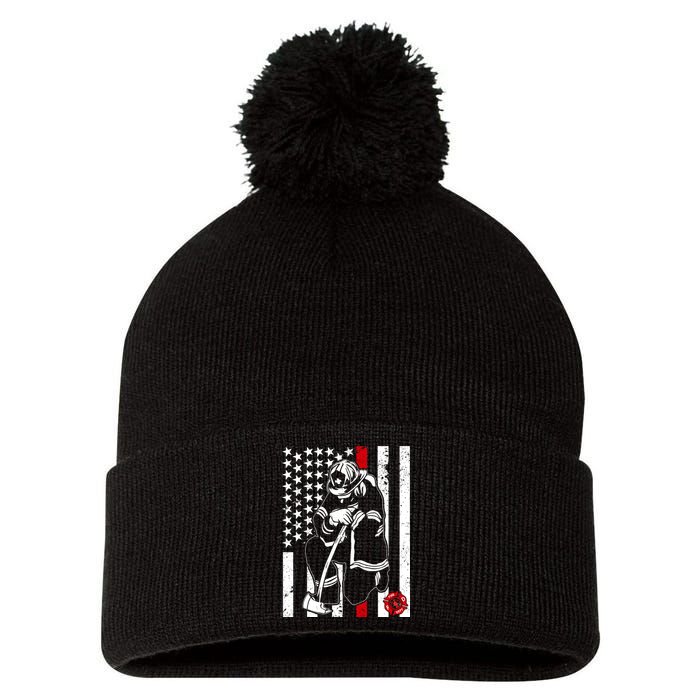 Praying Firefighter Thin Red Line Pom Pom 12in Knit Beanie