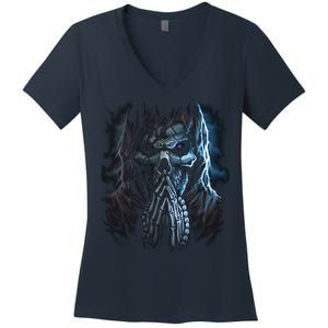 Praying Reaper Skeleton Women's V-Neck T-Shirt