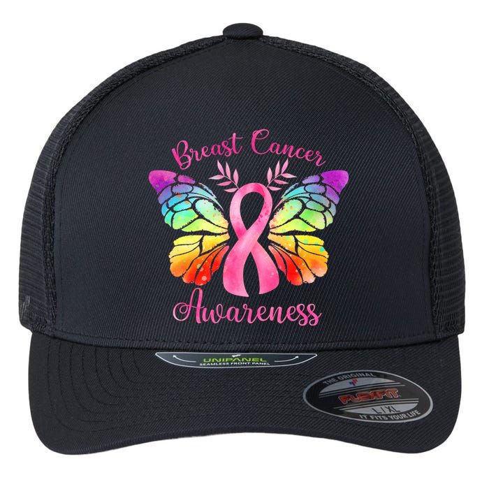 Pink Ribbon Butterfly Breast Cancer Flexfit Unipanel Trucker Cap