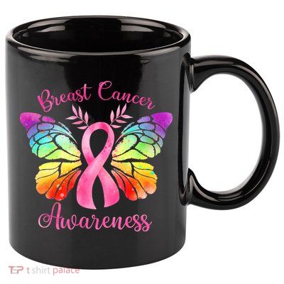 Pink Ribbon Butterfly Breast Cancer 11oz C Handle Ceramic Mug