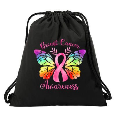Pink Ribbon Butterfly Breast Cancer Drawstring Bag