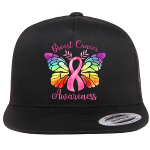 Pink Ribbon Butterfly Breast Cancer Flat Bill Trucker Hat