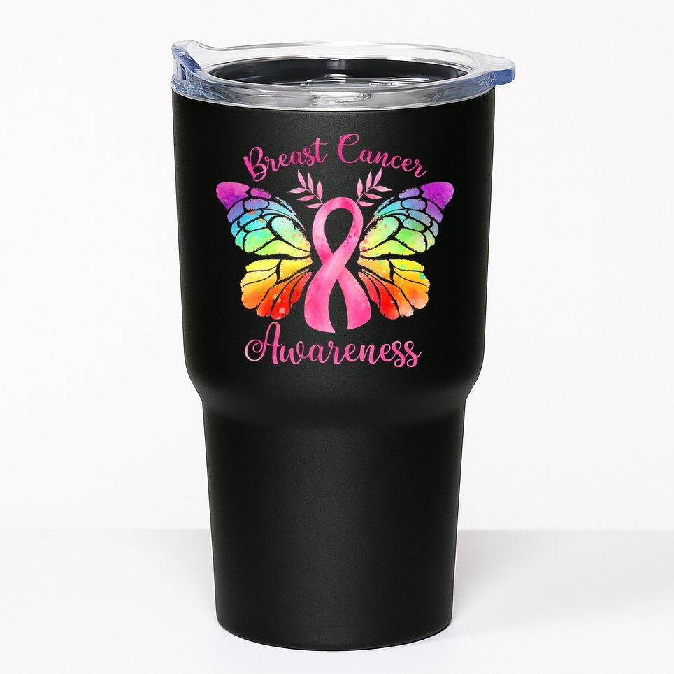 Pink Ribbon Butterfly Breast Cancer Tumbler
