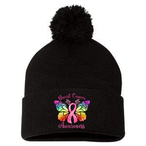 Pink Ribbon Butterfly Breast Cancer Pom Pom 12in Knit Beanie