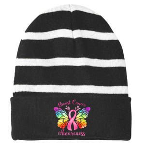 Pink Ribbon Butterfly Breast Cancer Striped Beanie with Solid Band