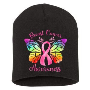 Pink Ribbon Butterfly Breast Cancer Short Acrylic Beanie