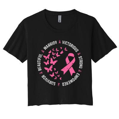 Pink Ribbon Butterfly Warrior Cute Breast Cancer Gifts Women's Crop Top Tee