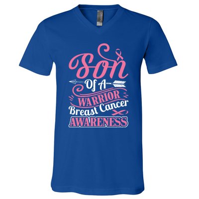 Pink Ribbon Breast Cancer Awareness Son Of Warrior Funny Gift V-Neck T-Shirt