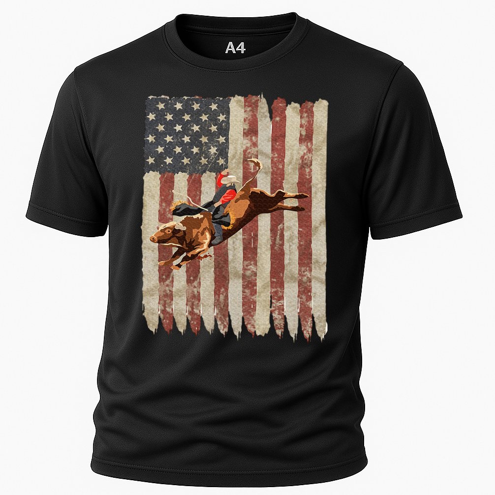 Patriotic Rodeo Bull Rider American Flag Western Cowboys Cooling Performance Crew T-Shirt