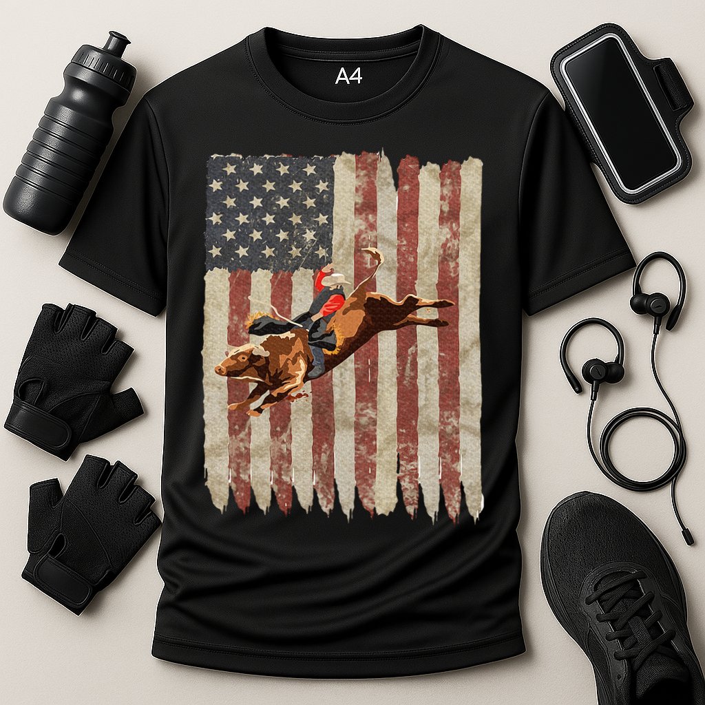Patriotic Rodeo Bull Rider American Flag Western Cowboys Cooling Performance Crew T-Shirt