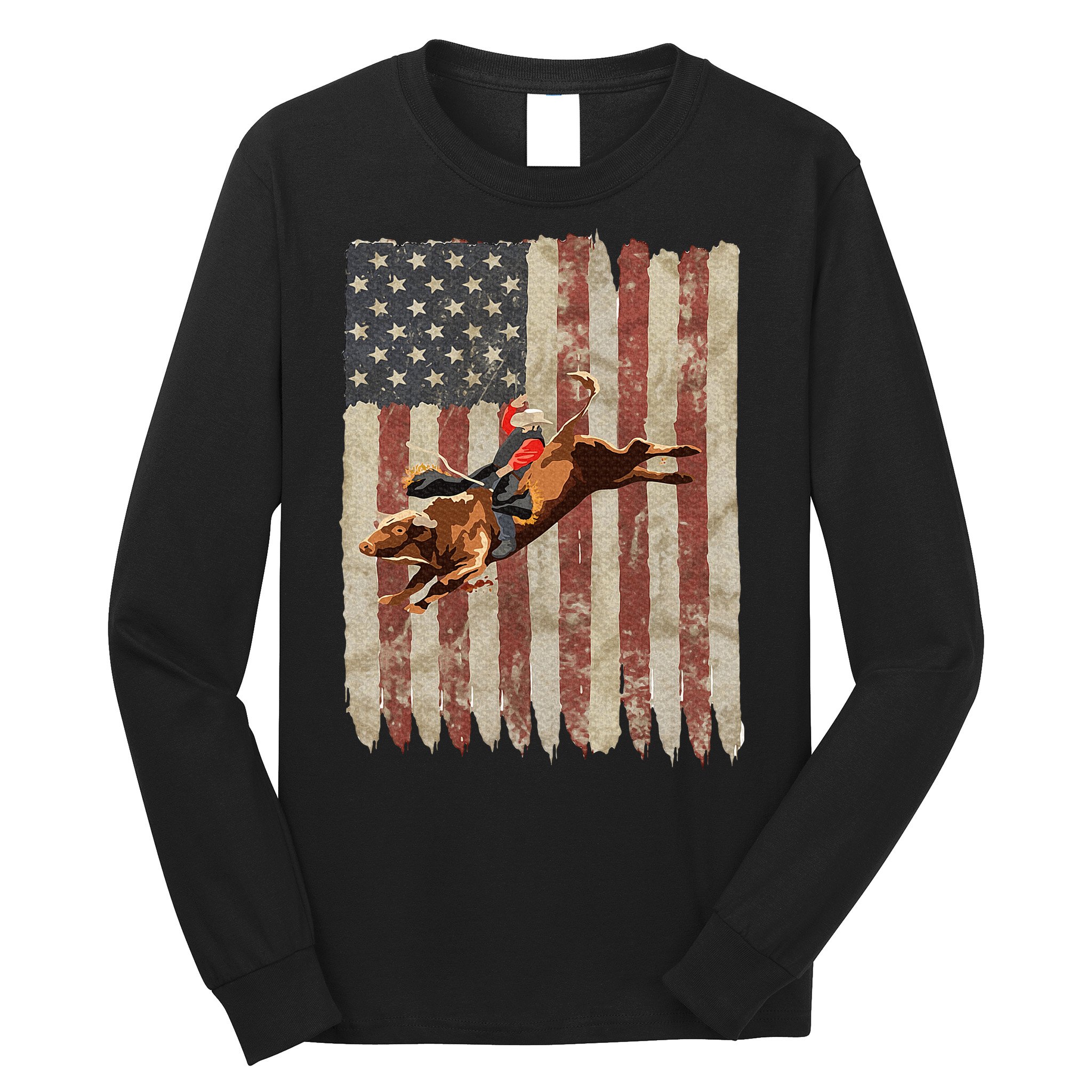 Patriotic Rodeo Bull Rider American Flag Western Cowboys Long Sleeve Shirt