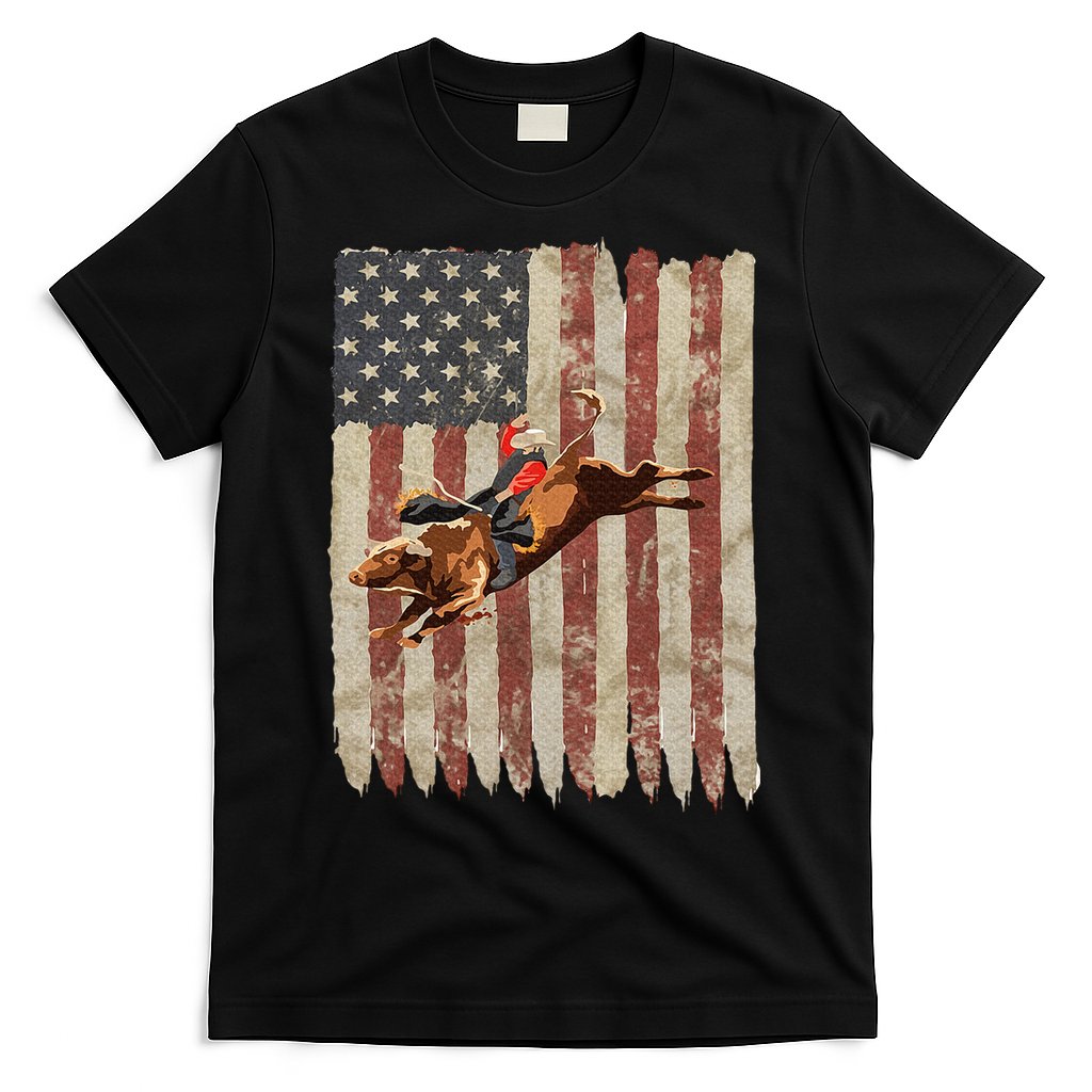 Patriotic Rodeo Bull Rider American Flag Western Cowboys T-Shirt