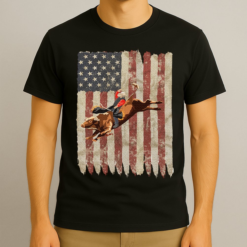 Patriotic Rodeo Bull Rider American Flag Western Cowboys T-Shirt