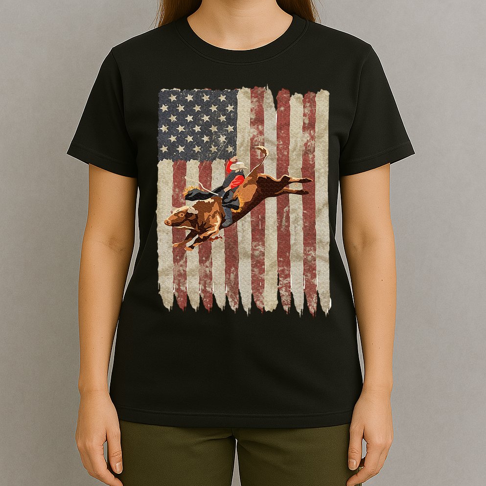 Patriotic Rodeo Bull Rider American Flag Western Cowboys T-Shirt