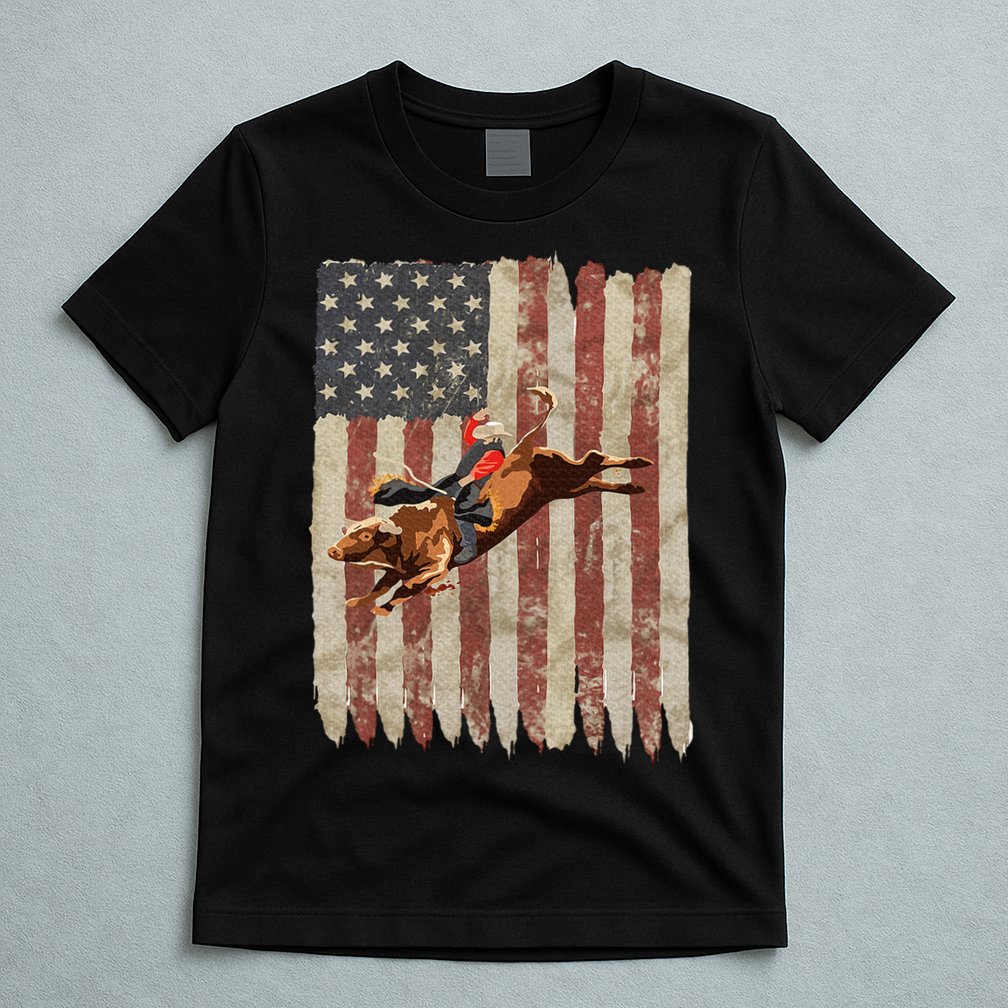 Patriotic Rodeo Bull Rider American Flag Western Cowboys T-Shirt