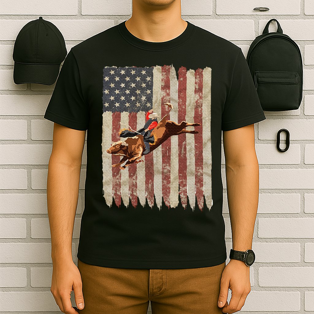 Patriotic Rodeo Bull Rider American Flag Western Cowboys T-Shirt