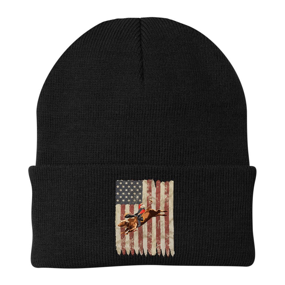 Patriotic Rodeo Bull Rider American Flag Western Cowboys Beanie