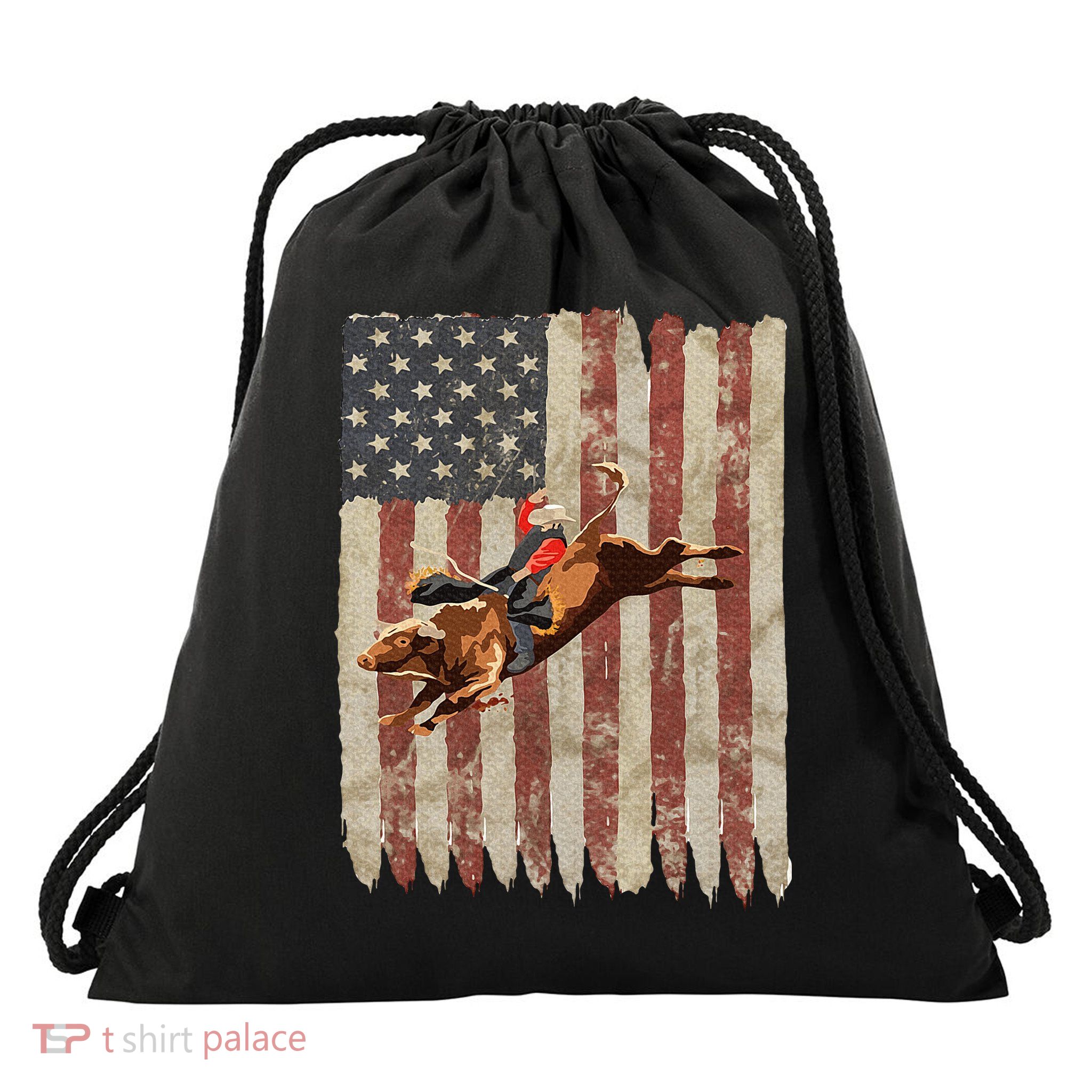 Patriotic Rodeo Bull Rider American Flag Western Cowboys Drawstring Bag