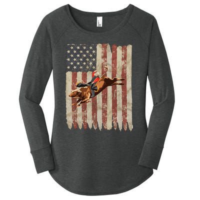 Patriotic Rodeo Bull Rider American Flag Western Cowboys Women's Perfect Tri Tunic Long Sleeve Shirt