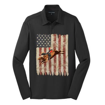 Patriotic Rodeo Bull Rider American Flag Western Cowboys Silk Touch Performance Long Sleeve Polo