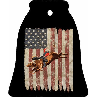 Patriotic Rodeo Bull Rider American Flag Western Cowboys Ceramic Bell Ornament