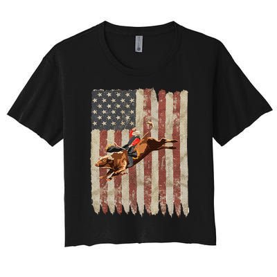 Patriotic Rodeo Bull Rider American Flag Western Cowboys Women's Crop Top Tee