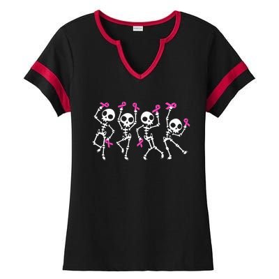 Pink Ribbon Breast Cancer Awareness Skeleton Ladies Halftime Notch Neck Tee