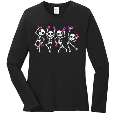 Pink Ribbon Breast Cancer Awareness Skeleton Ladies Long Sleeve Shirt