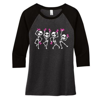 Pink Ribbon Breast Cancer Awareness Skeleton Women's Tri-Blend 3/4-Sleeve Raglan Shirt