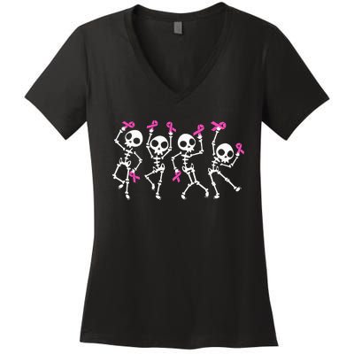 Pink Ribbon Breast Cancer Awareness Skeleton Women's V-Neck T-Shirt