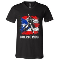 Puerto Rican Baseball Player Puerto Rico Flag Baseball Fans V-Neck T-Shirt