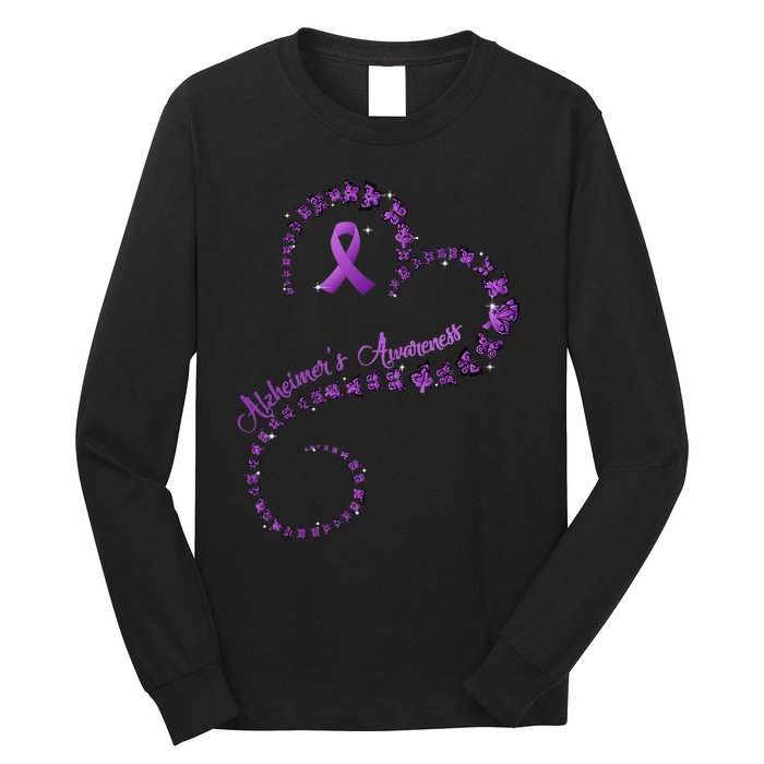 Purple Ribbon Butterfly Heart Alzheimers Awareness Long Sleeve Shirt