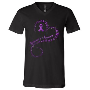 Purple Ribbon Butterfly Heart Alzheimers Awareness V-Neck T-Shirt