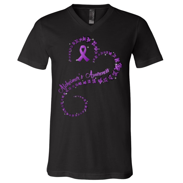 Purple Ribbon Butterfly Heart Alzheimers Awareness V-Neck T-Shirt