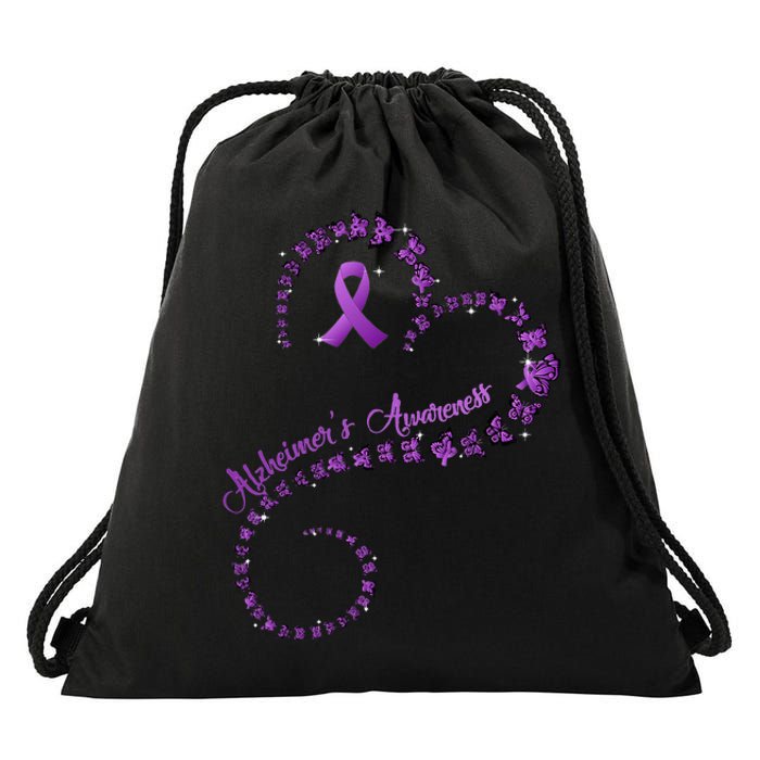 Purple Ribbon Butterfly Heart Alzheimers Awareness Drawstring Bag