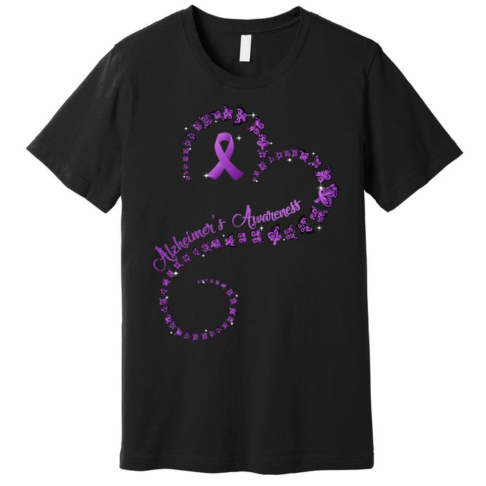 Purple Ribbon Butterfly Heart Alzheimers Awareness Premium T-Shirt