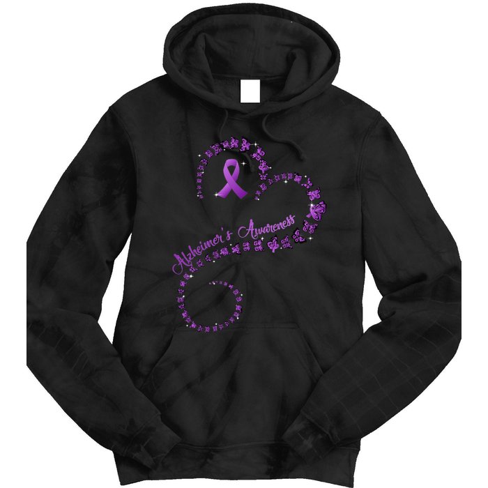 Purple Ribbon Butterfly Heart Alzheimers Awareness Tie Dye Hoodie