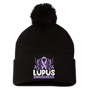 Purple Ribbon Butterfly Lupus Awareness Month Pom Pom 12in Knit Beanie