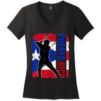 Puerto Rican Baseball Player Puerto Rico Flag Baseball Fans Women's V-Neck T-Shirt