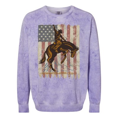 Patriotic Rodeo Bronc Rider American Flag Cowboys Riding Colorblast Crewneck Sweatshirt