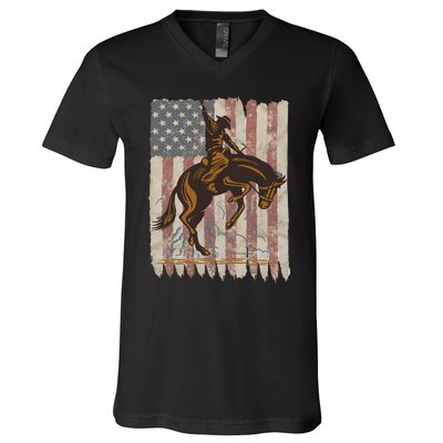 Patriotic Rodeo Bronc Rider American Flag Cowboys Riding V-Neck T-Shirt