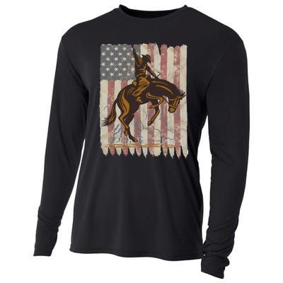 Patriotic Rodeo Bronc Rider American Flag Cowboys Riding Cooling Performance Long Sleeve Crew