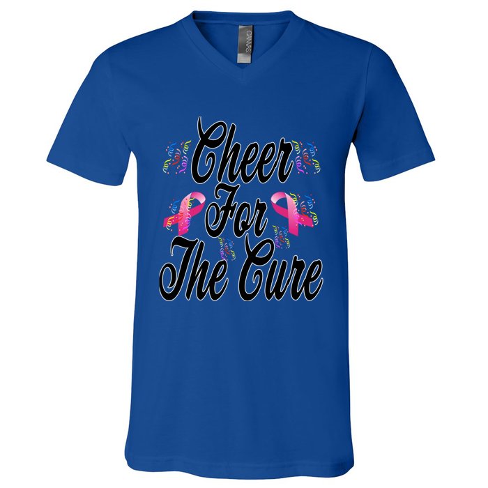 Pink Ribbon Cheer For The Cure Breast Cancer Awareness Funny Gift V-Neck T-Shirt