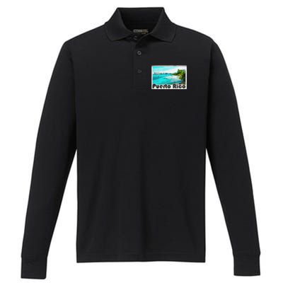 Puerto Rico Caribbean Retro Poster Performance Long Sleeve Polo