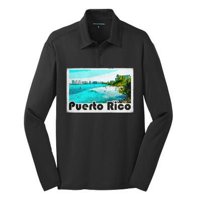 Puerto Rico Caribbean Retro Poster Silk Touch Performance Long Sleeve Polo