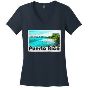 Puerto Rico Caribbean Retro Poster Women's V-Neck T-Shirt