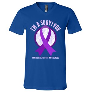 Purple Ribbon Cancer Survivor Pancreatic Cancer Awareness Gift V-Neck T-Shirt