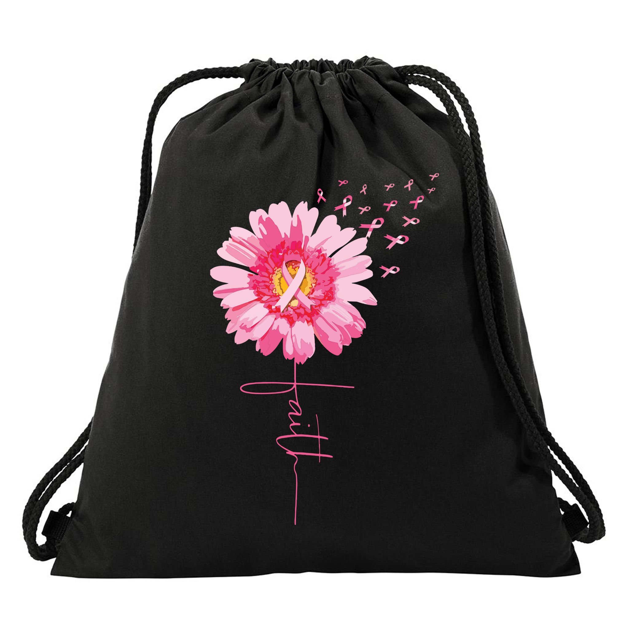 Pink Ribbon Daisy Faith Breast Cancer Awareness Month Gift Drawstring Bag