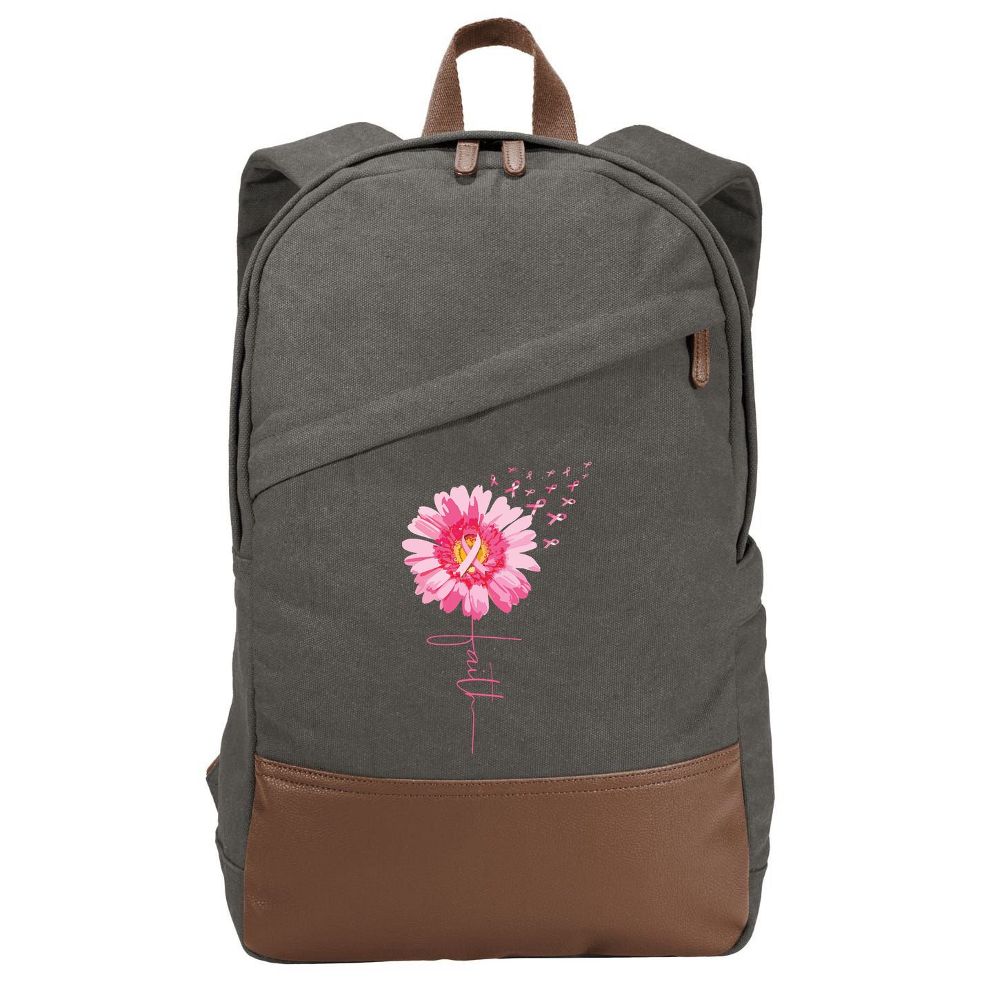 Pink Ribbon Daisy Faith Breast Cancer Awareness Month Gift Cotton Canvas Backpack