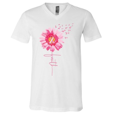 Pink Ribbon Daisy Faith Breast Cancer Awareness Month Gift V-Neck T-Shirt
